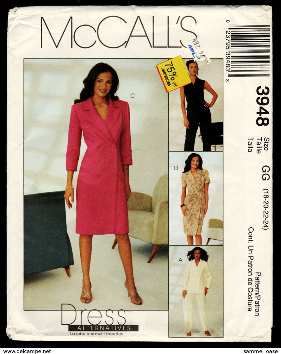 Vintage McCall`s Schnittmuster 3948  -  Damen-Jacke Weste Kleid Hose  -  Size GG  -  Größe 18-24 - Designermode