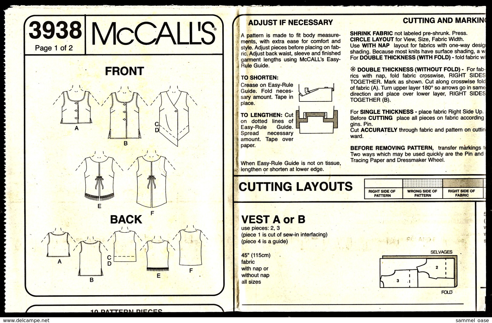 Vintage McCall`s Schnittmuster 3938  -  Damen / Teen Gefütterte Unterhemden Muster Saumkanten Variationen  -  Size Y - Designermode