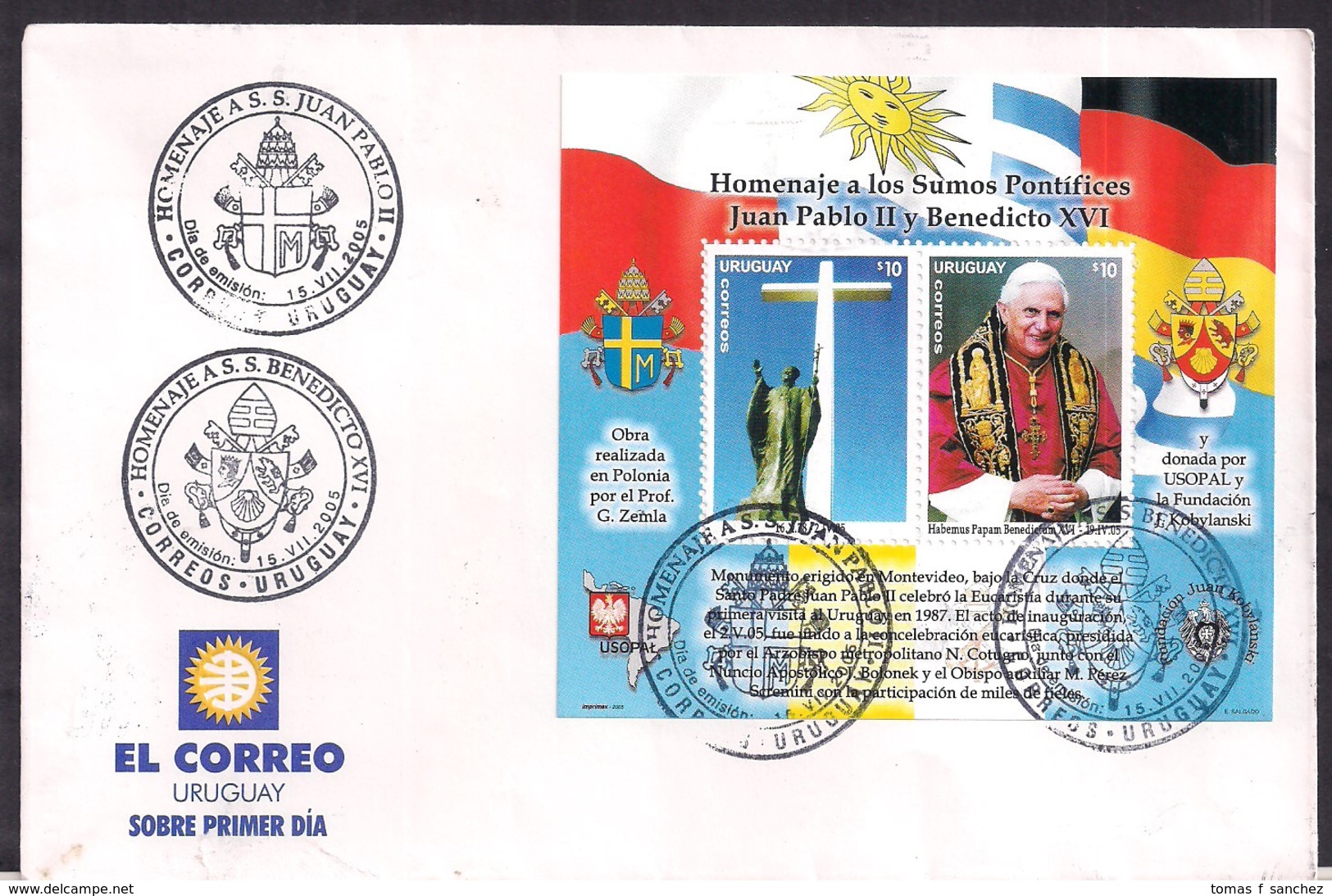 Uruguay - 2005 - FDC - Hommage Aux Souverains Pontifes Jean-Paul II Et Benoît XVI - Papas