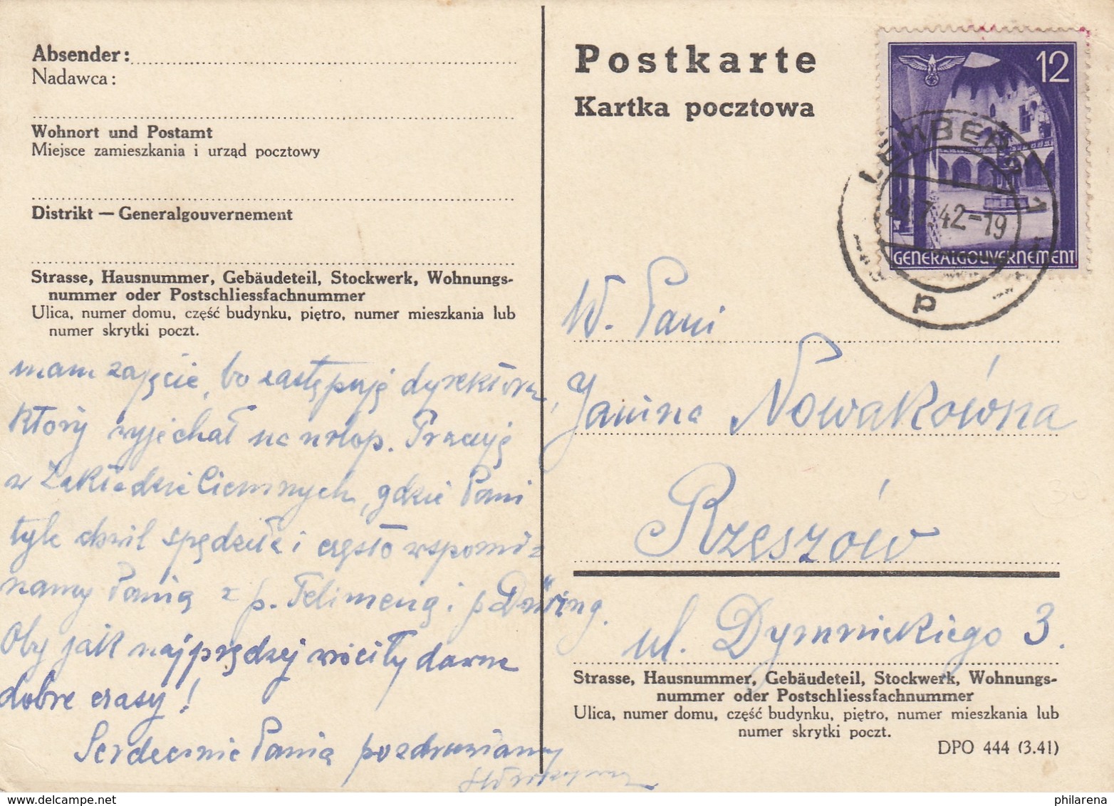 GG: Postkarte Mit 12Gr. Von Lemberg Nach Rzeszow - Occupation 1938-45