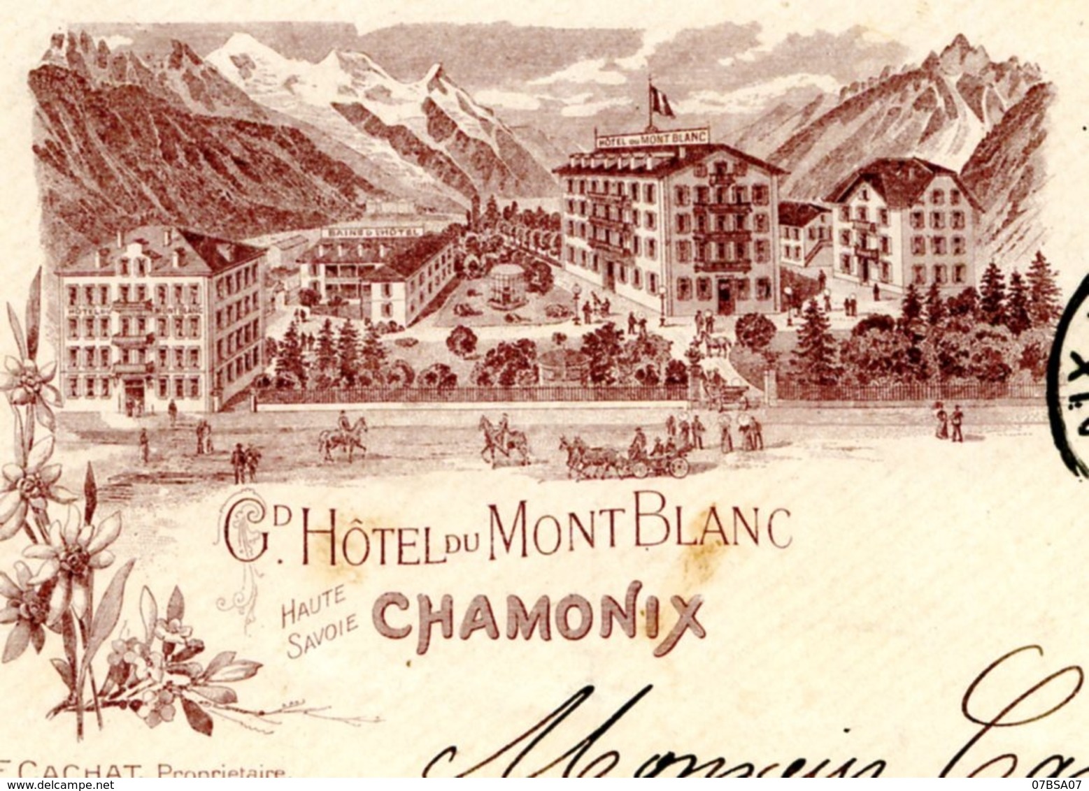 HAUTE SAVOIE ENV ILLUSTREE 1897 GD HOTEL DU MONT BLANC CHAMONIX E.CACHAT PROPRIETAIRE SAGE OBLIT AIX LES BAINS - 1877-1920: Periodo Semi Moderno