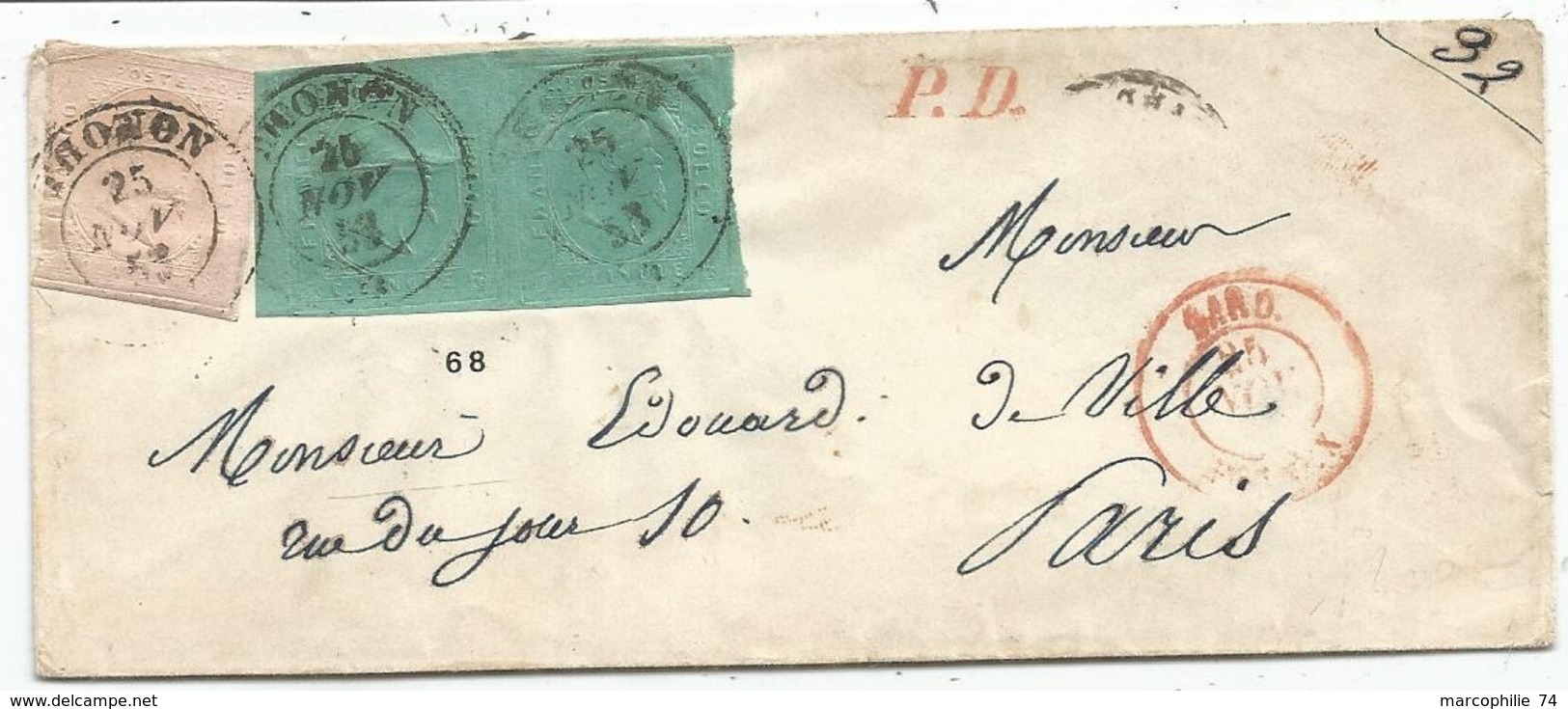 SARDE SARGENA 40C ROSE +5C VERT PAIRE TOUCHES ENVELOPPE COVER THONON 25 NOV 1853 HAUTE SAVOIE RARE - Sardegna