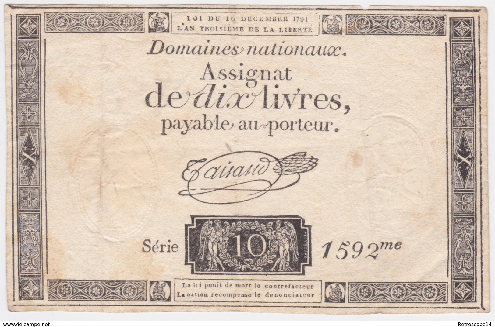 ASSIGNAT 10 (dix) LIVRES. Décembre 1791, Série 1592, TAISAND. BEL ÉTAT. - Assignats