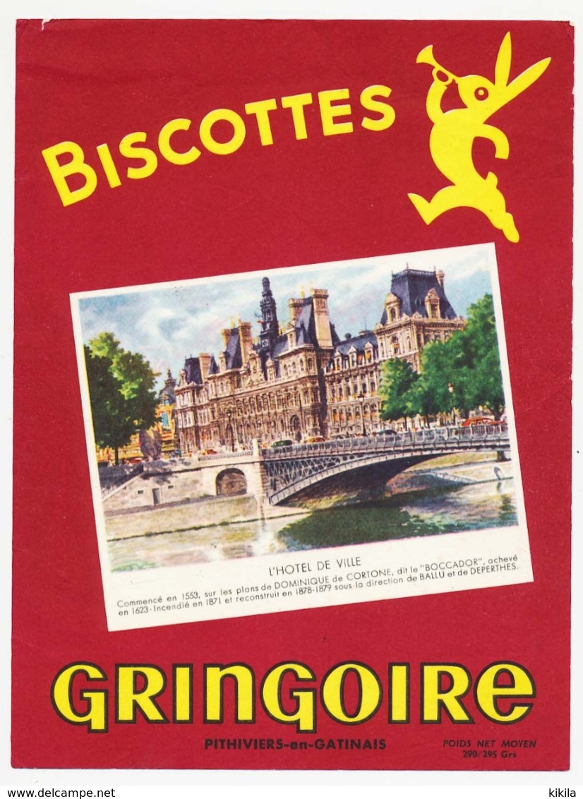 Buvard 15 X 20.2 Biscottes GRINGOIRE L'Hôtel De Ville (de Paris) Poids Net Moyen 290/295 Grs - Biscottes