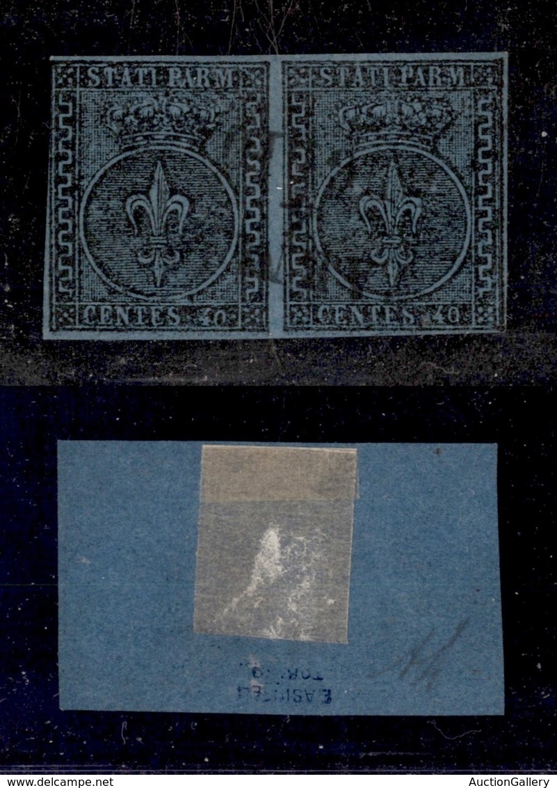 ANTICHI STATI ITALIANI - PARMA - 1852 - 40 Cent (5a - Azzurro Chiaro) - Coppia Orizzontale - Stretta A Sinistra In Alto  - Autres & Non Classés