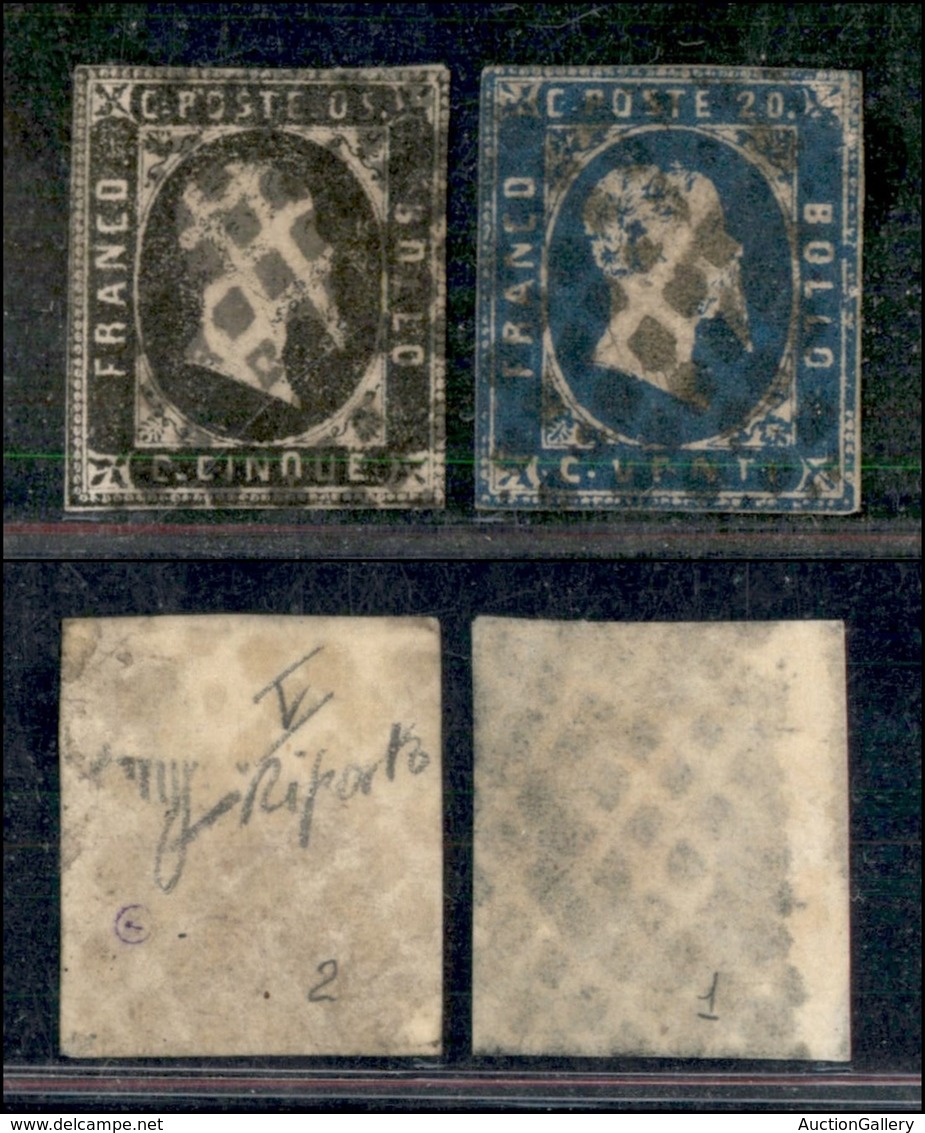 ANTICHI STATI ITALIANI - SARDEGNA - 1851 - 5 Cent (1) + 20 Cent (2) Usati - Margini Intaccati (5.050) - Autres & Non Classés