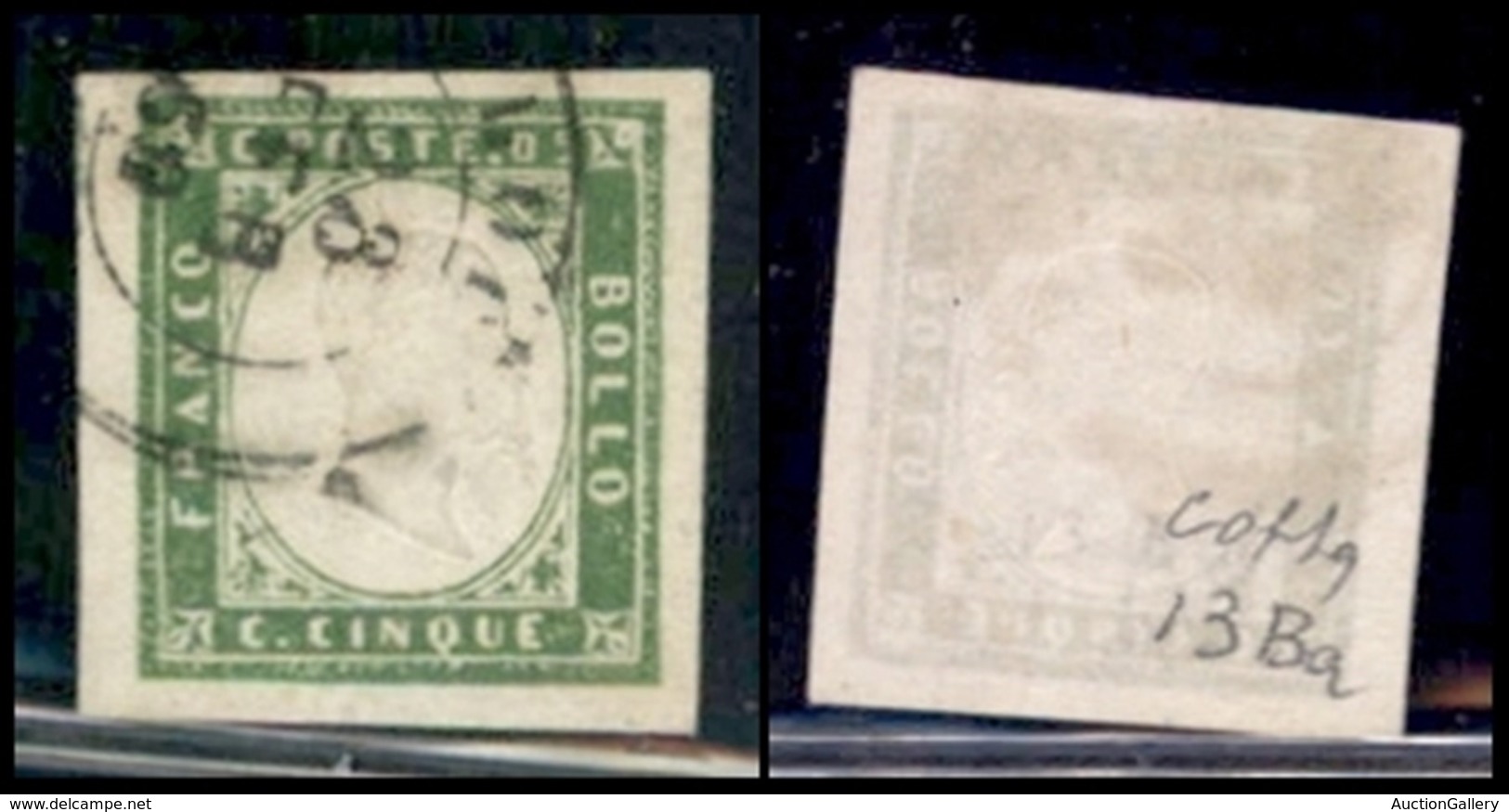 ANTICHI STATI ITALIANI - SARDEGNA - 1859 - 5 Cent Verde Giallo (13Ba) - Usato - Colla (400) - Altri & Non Classificati