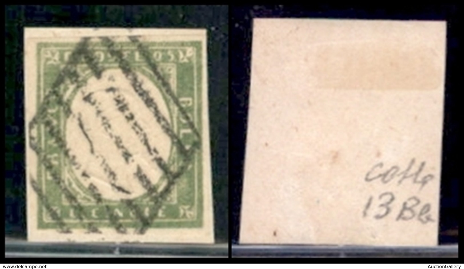 ANTICHI STATI ITALIANI - SARDEGNA - 1859 - 5 Cent Verde Oliva Chiaro (13Bb) - Usato - Colla (400) - Other & Unclassified