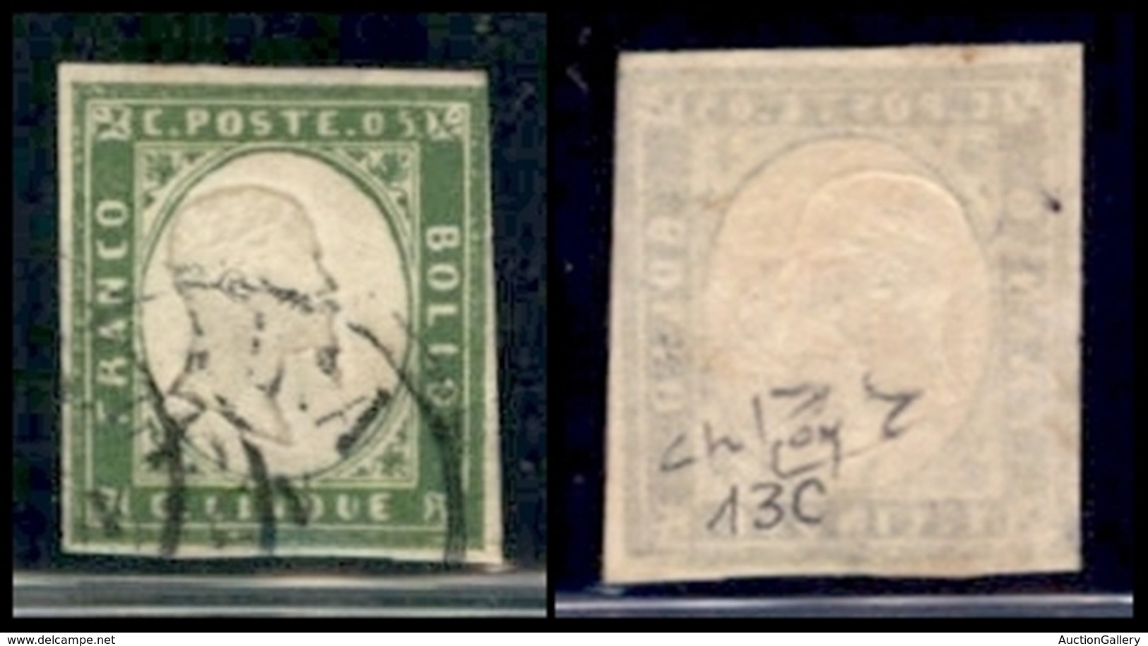 ANTICHI STATI ITALIANI - SARDEGNA - 1861 - 5 Cent Verde Oliva (13C) - Usato - Raybaudi (750) - Andere & Zonder Classificatie