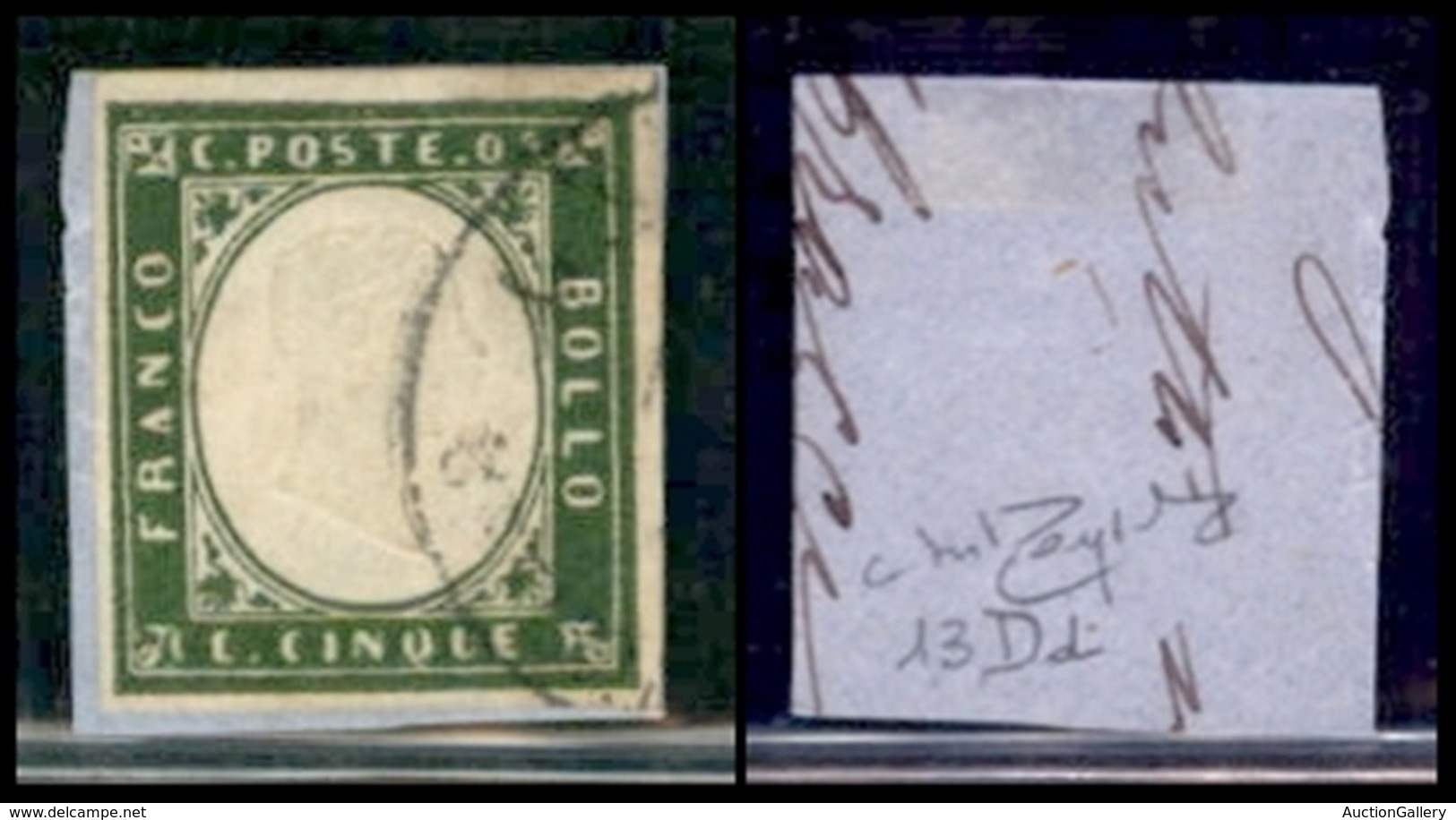 ANTICHI STATI ITALIANI - SARDEGNA - 1862 - 5 Cent Verde Bronzo (13Dd) - Su Frammento - Raybaudi (1000) - Autres & Non Classés