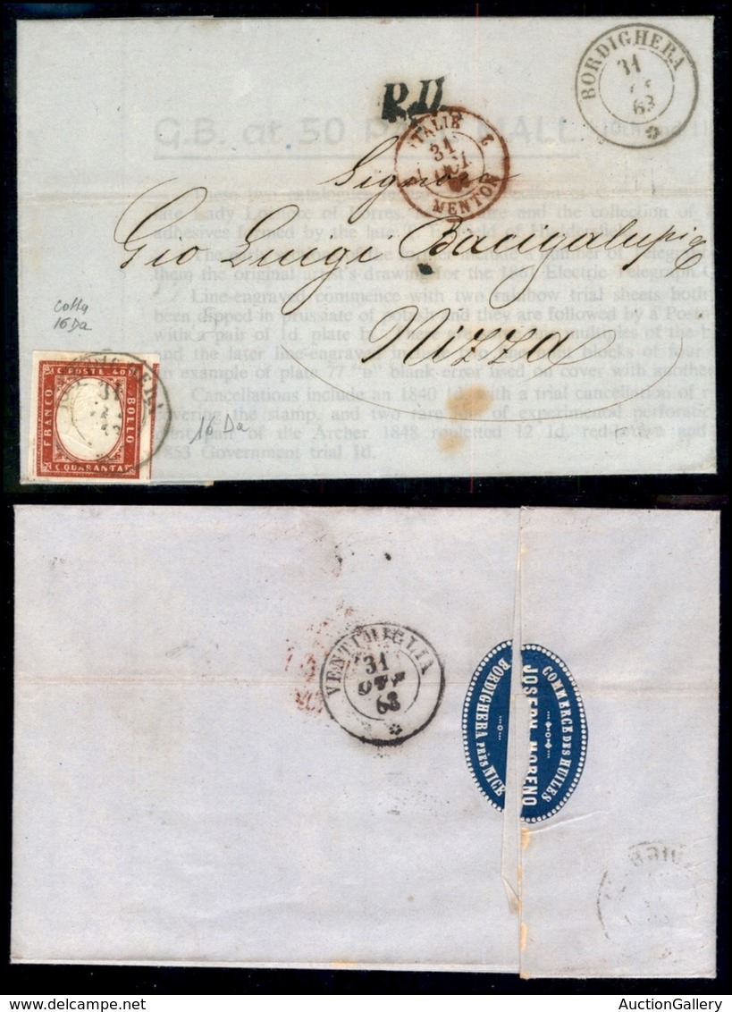 ANTICHI STATI ITALIANI - SARDEGNA - 40 Cent (16Da) Su Involucro Di Lettera Da Bordighera Per Nizza Del 31.10.63  - Colla - Other & Unclassified