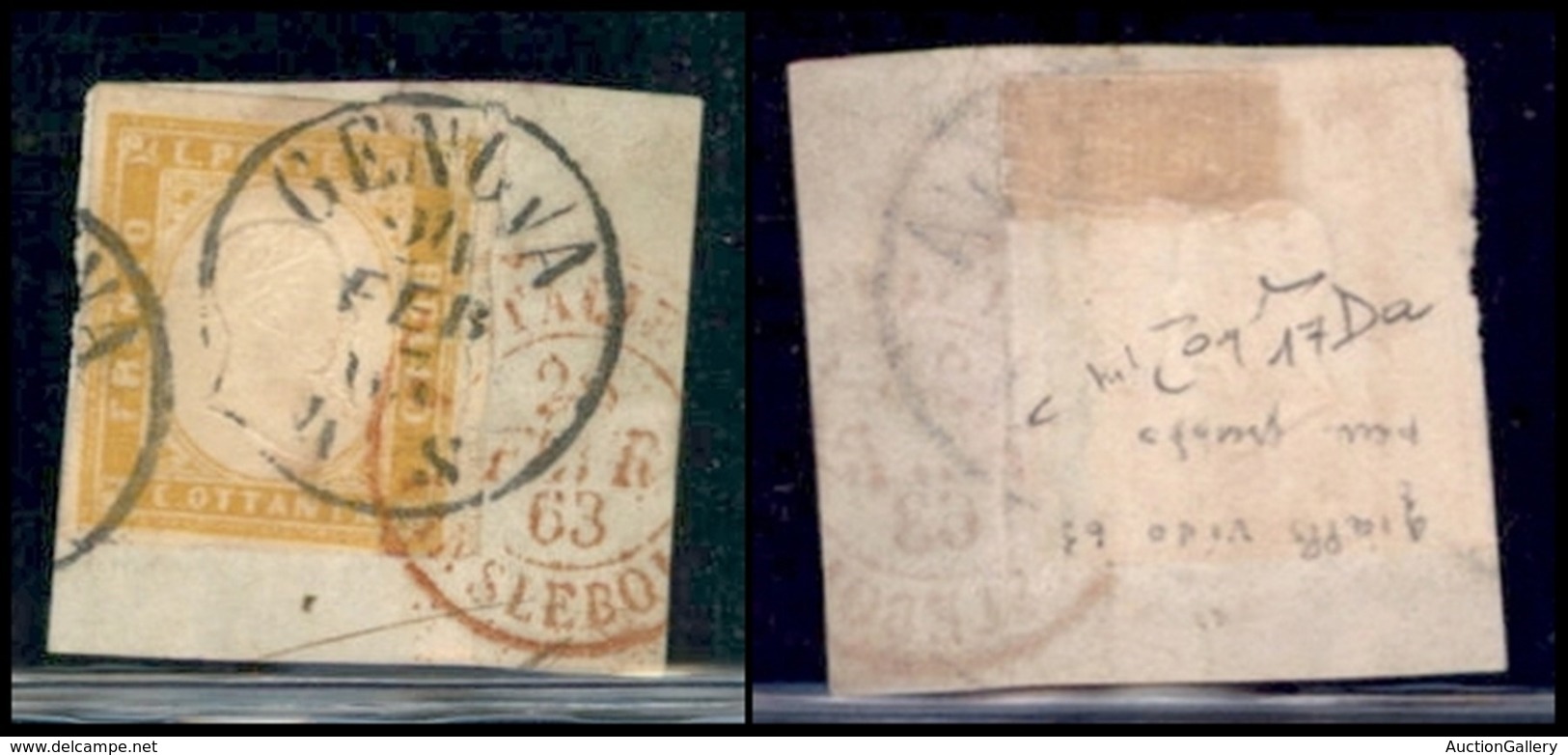 ANTICHI STATI ITALIANI - SARDEGNA - 1862 - 80 Cent Giallo (17Da) Su Frammento - Raybaudi (950) - Other & Unclassified