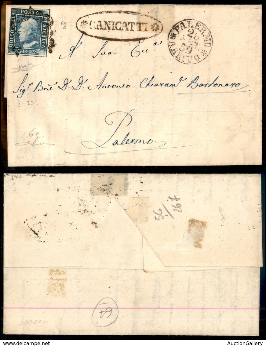 ANTICHI STATI ITALIANI - SICILIA - 2 Grana (6g) Su Lettera Da Canicatti (P.ti 8) A Palermo Del 26.9.59 - Raybaudi + Card - Other & Unclassified
