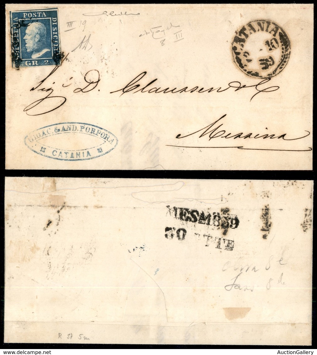 ANTICHI STATI ITALIANI - SICILIA - 2 Grana (8) - Lettera Da Catania A Messina Del 2.10.59 - Diena + Raybaudi + Cardillo  - Autres & Non Classés