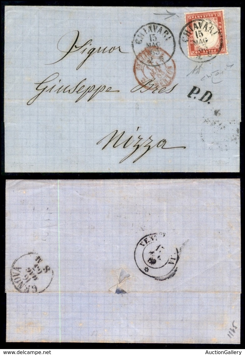 REGNO - 40 Cent (3k) Non Dentellato In Basso - Lettera Da Chiavari A Nizza Del 15.5.63 - Diena + Cert Raybaudi (3000) - Autres & Non Classés