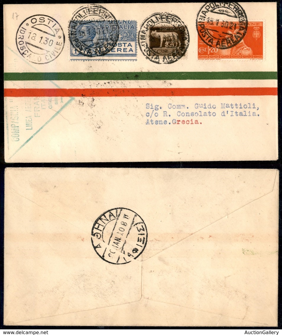 REGNO - Aerogrammi - 1930 (19 Gennaio) - Ostia Napoli Atene - Longhi 2066 - 20 Volati - Other & Unclassified