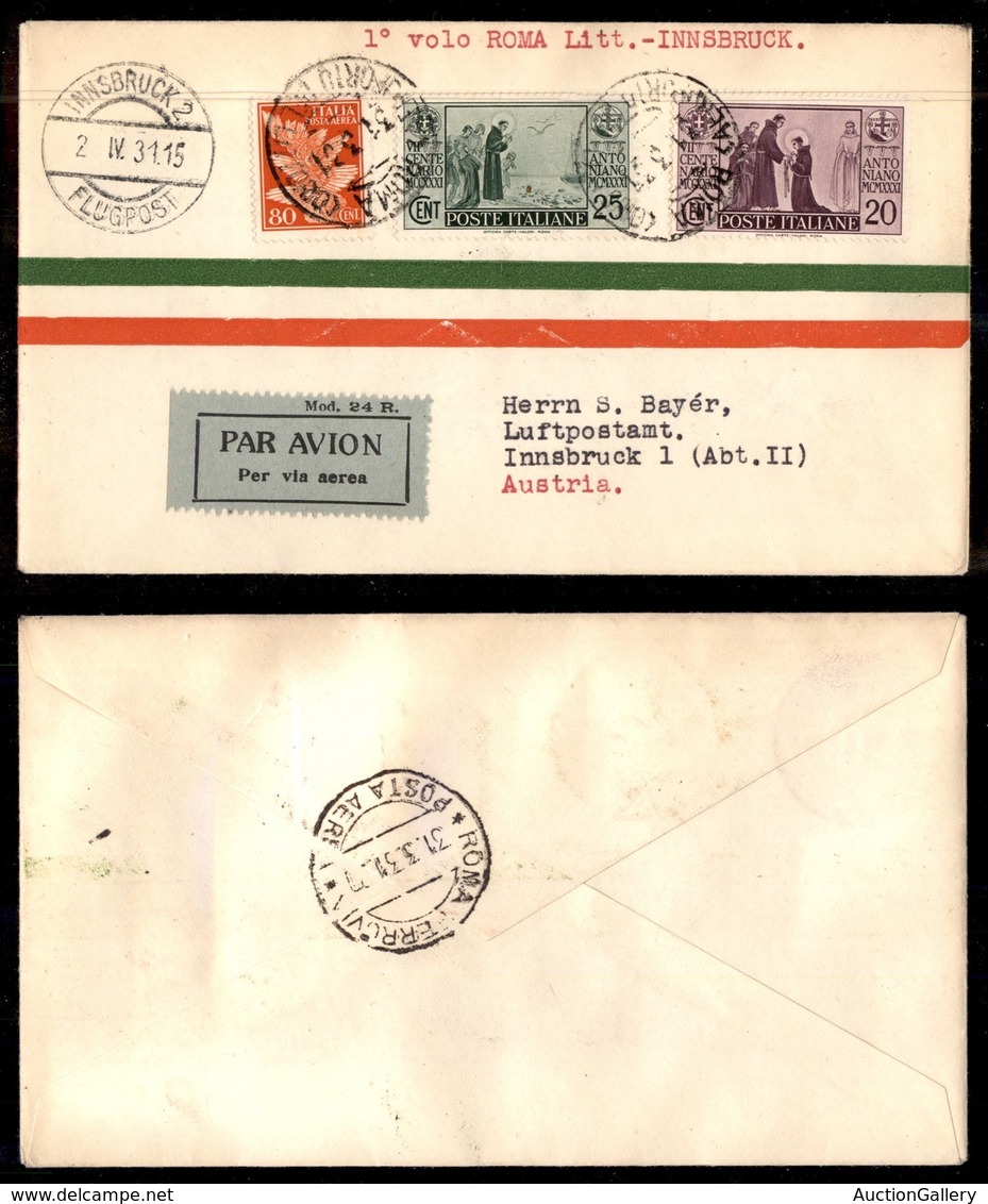 REGNO - Aerogrammi - 1931 (2 Aprile) - Roma Innsbruck - Longhi 2348 - 8 Volati - Other & Unclassified