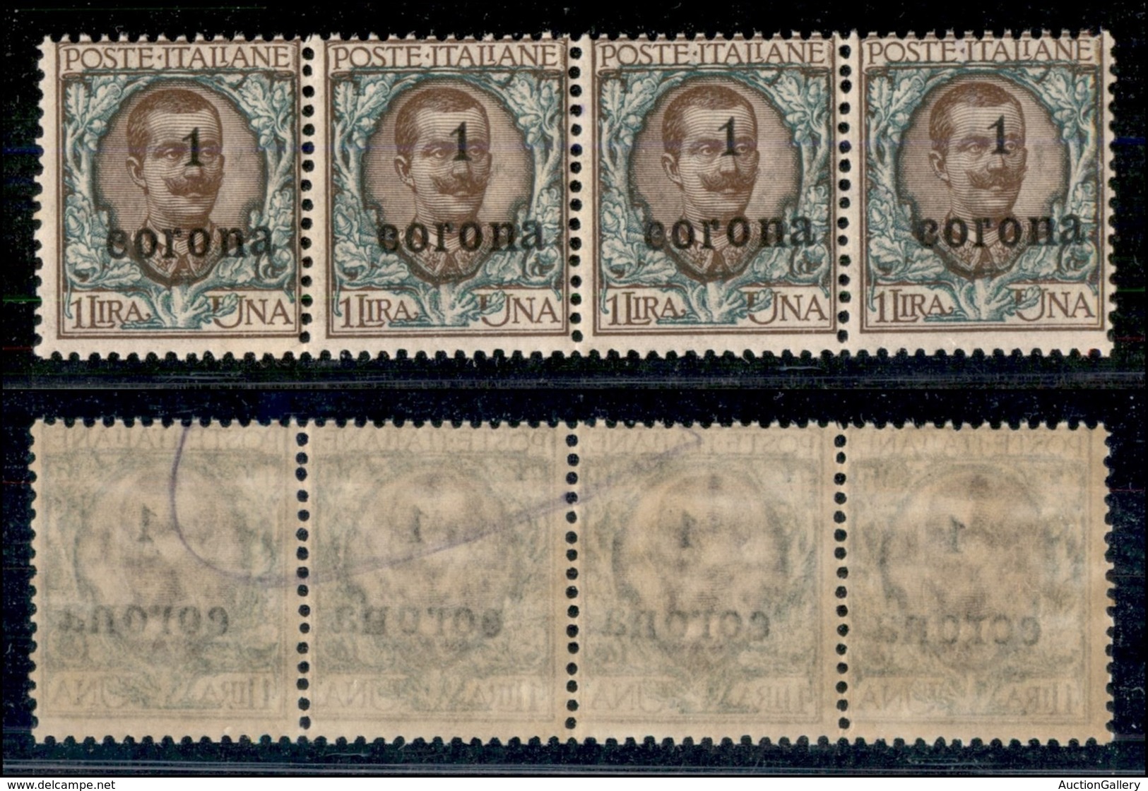 OCCUPAZIONI I GUERRA MONDIALE - TRENTO E TRIESTE - 1919 - 1 Corona Su 1 Lira (11u) - Striscia Orizzontale Di 4 Con Sopra - Other & Unclassified