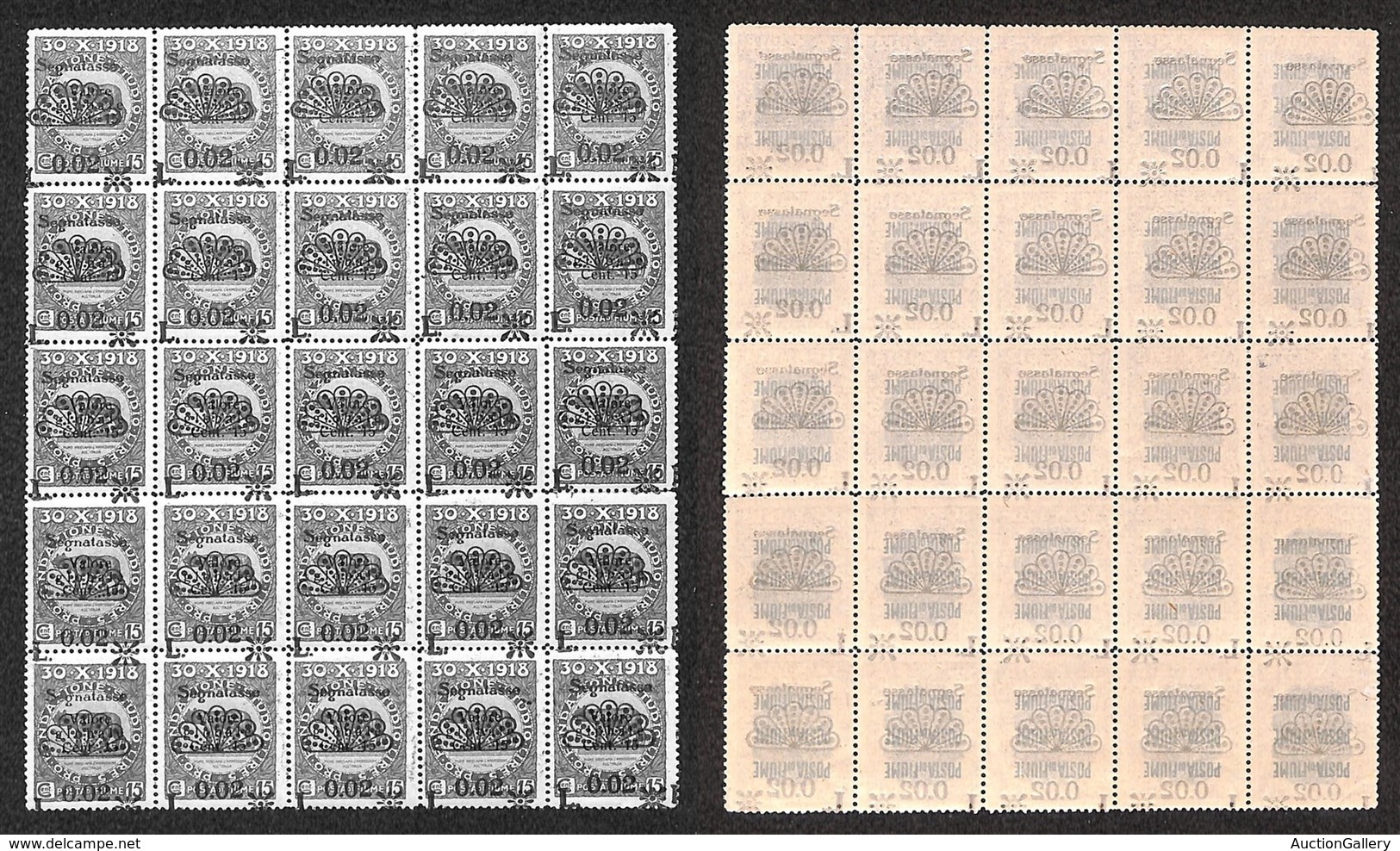 OCCUPAZIONI I GUERRA MONDIALE - FIUME - 1921 - 2 Cent Su 15 (15) - Blocco Di 25 Con Soprastampe Disallineate E Spostate  - Other & Unclassified