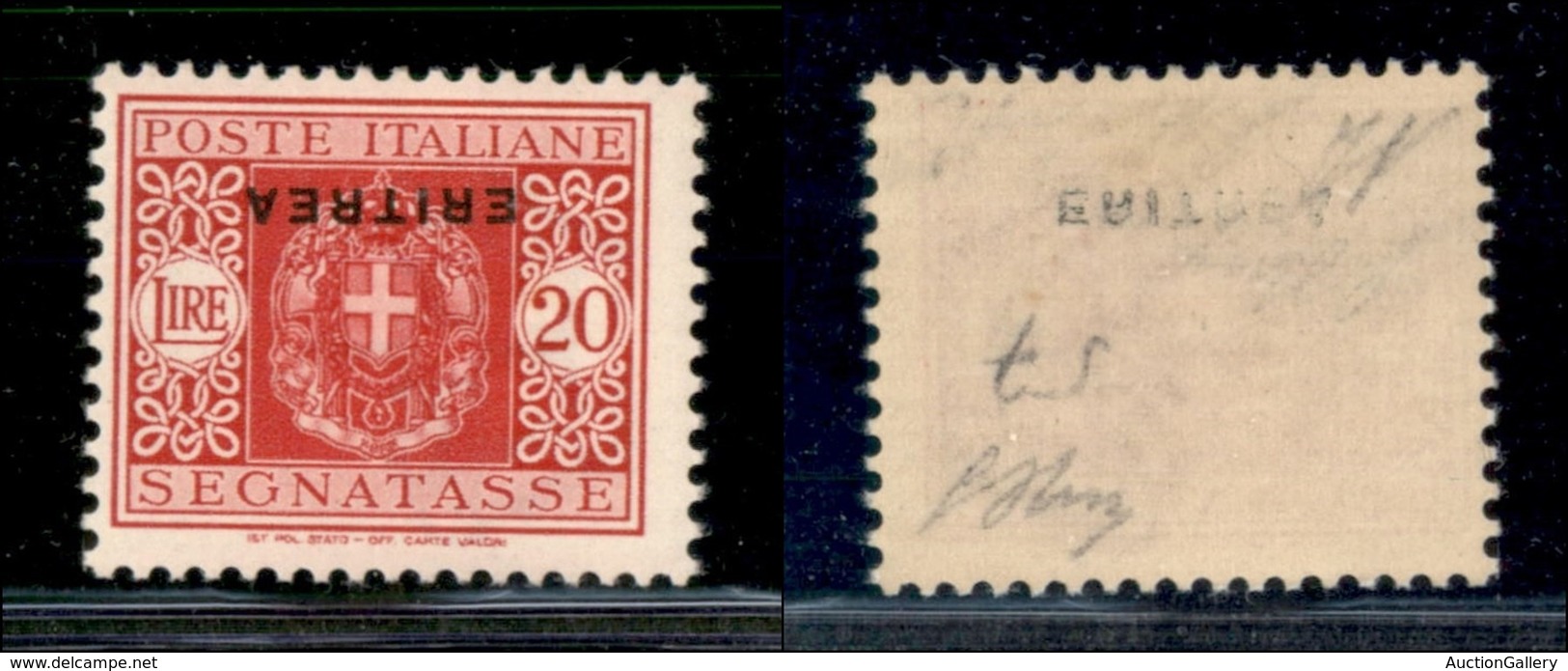 COLONIE - ERITREA - 1934 - 20 Lire (38 - Segnatasse) Con Soprastampa Capovolta (e Parziale Decalco) - Gomma Integra - Ol - Autres & Non Classés