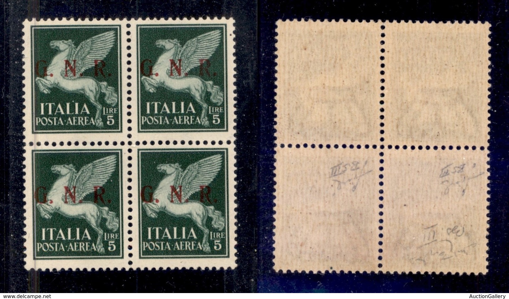 REPUBBLICA SOCIALE ITALIANA - G.N.R. BRESCIA - Posta Aerea - 1943 - 5 Lire (123/III - Terzo Tipo) In Quartina - Gomma In - Autres & Non Classés