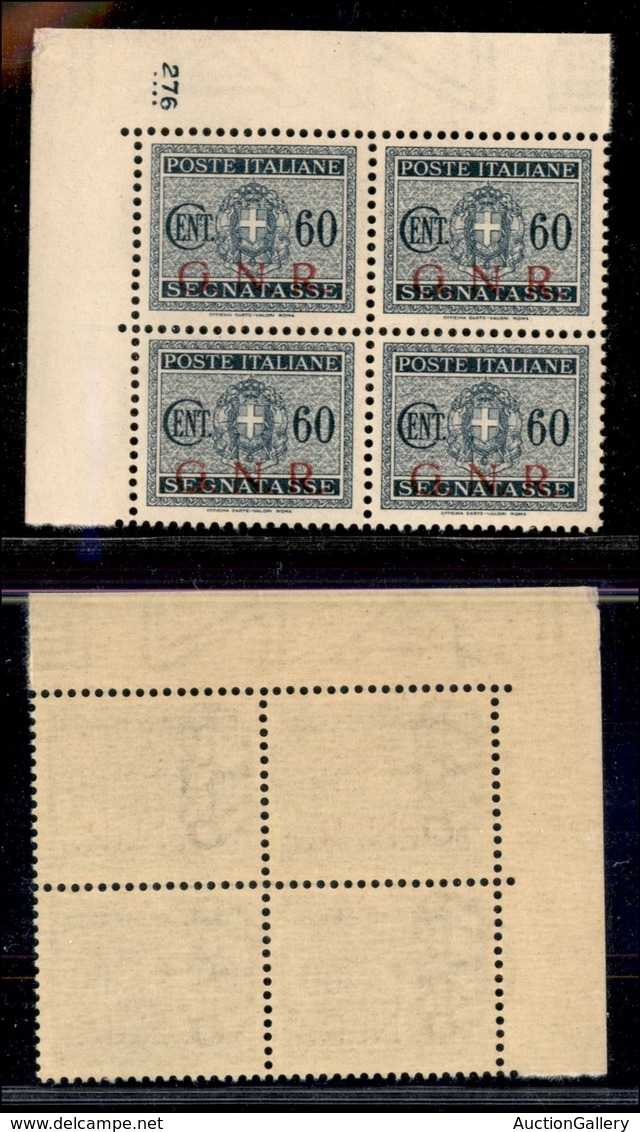 REPUBBLICA SOCIALE ITALIANA - G.N.R. BRESCIA - Segnatasse - 1943 - Quartina Angolare Del 60 Cent (54/Ib) Con Numero Di T - Andere & Zonder Classificatie