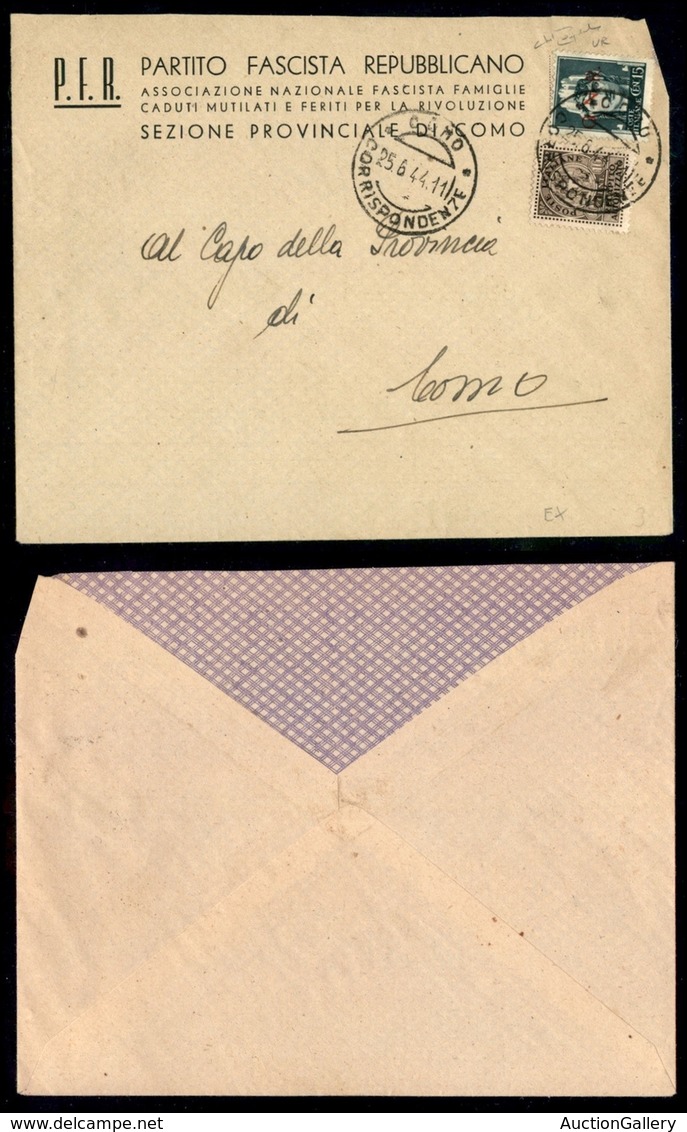 REPUBBLICA SOCIALE ITALIANA - G.N.R. VERONA - 15 Cent (472) + 10 Cent Recapito (3 Regno) - Busta Da Como Per Città Del 2 - Other & Unclassified