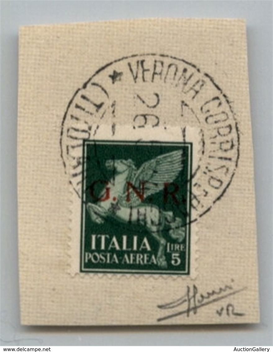REPUBBLICA SOCIALE ITALIANA - G.N.R. VERONA - Posta Aerea - 1944 - 5 Lire (123) Usato A Verona (Titolare) Su Frammento - - Other & Unclassified