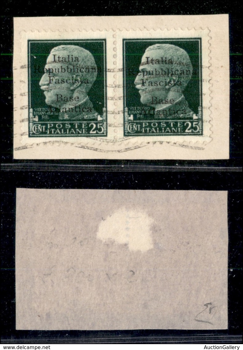EMISSIONI LOCALI - BASE ATLANTICA - 1943 - 25 Cent (9) In Coppia Orizzontale Usata Su Frammento - Diena + Cert. AG (1.10 - Andere & Zonder Classificatie