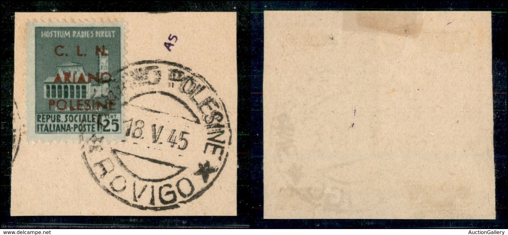 C.L.N. - ARIANO POLESINE - 1945 - 25 Cent (Errani 32A) Usato Su Frammento - Cert. AG - Andere & Zonder Classificatie