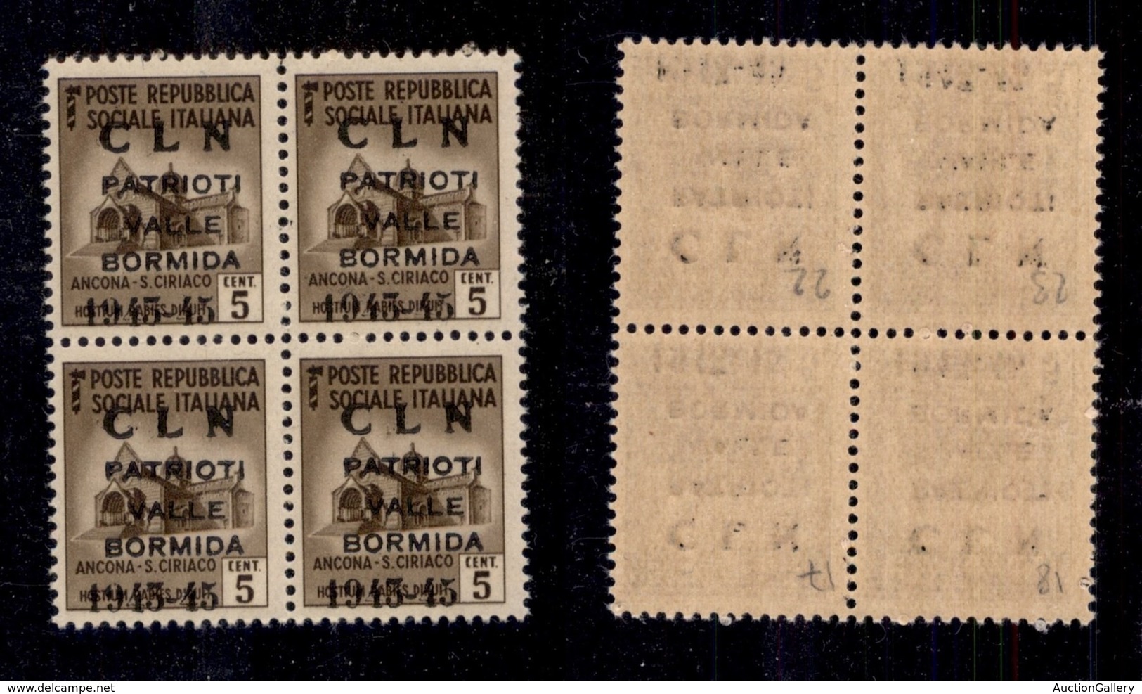 C.L.N. - VALLE BORMIDA - 1945 - Soprastampa Modificata - 5 Cent (1A) In Quartina - Gomma Integra - Cert. AG (18.000+) - Altri & Non Classificati