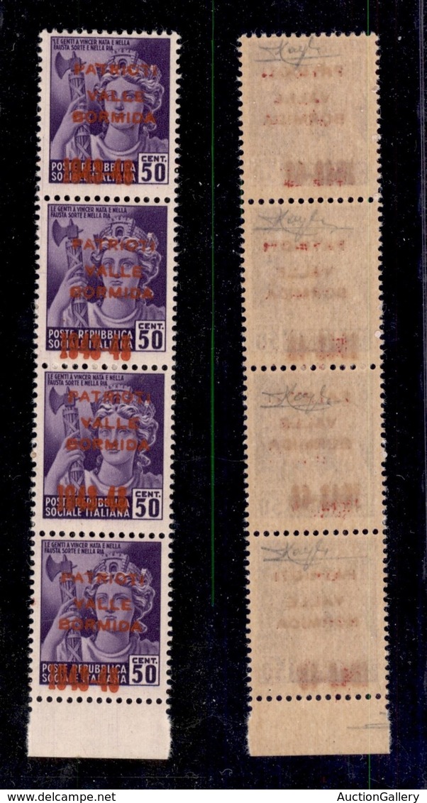 C.L.N. - VALLE BORMIDA - 1945 - 50 Cent (5A) - Striscia Verticale Di Quattro Con Spaziature Diverse Delle Soprastampe In - Other & Unclassified