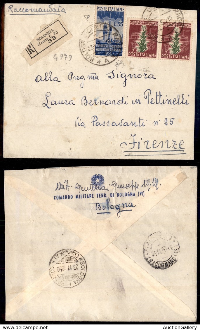 REPUBBLICA - 55 Lire Radiodiffusione (624) + Complementari (629 Coppia) - Raccomandata Da Bologna A Firenze Del 23.11.50 - Autres & Non Classés