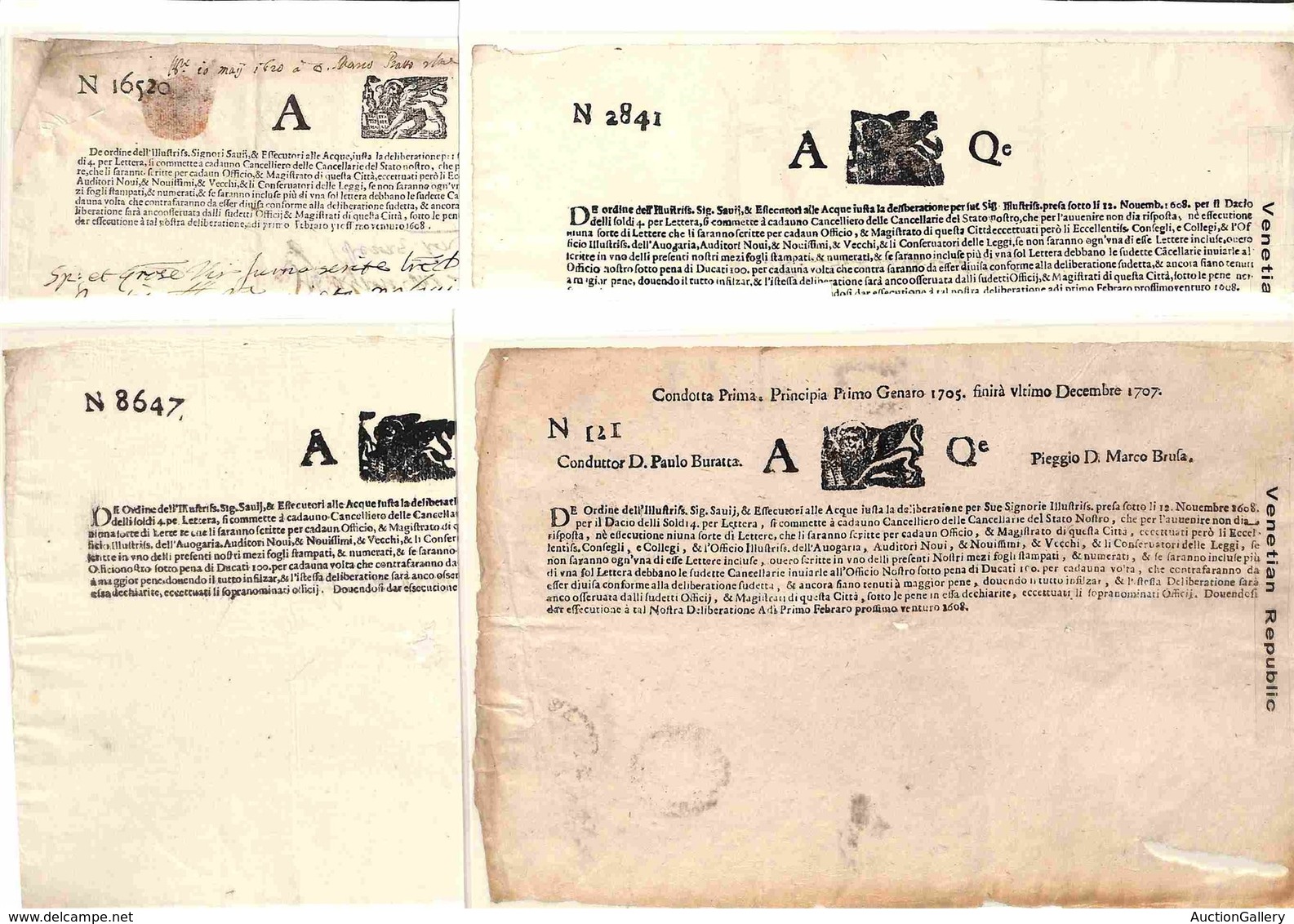 ITALIA - PREFILATELICHE - 1608/1707 - Repubblica Veneziana - Tagli AQ - Lotto Di Quattro Documenti Diversi - Altri & Non Classificati