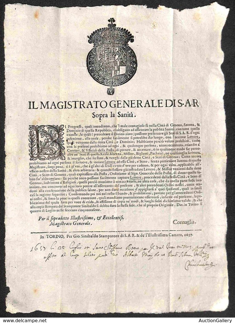 ITALIA - PREFILATELICHE - 1657 (Torino 22 Luglio) - Il Magistrato Generale Di S.A.R. / Sopra La Sanità - Manifesto Con D - Andere & Zonder Classificatie