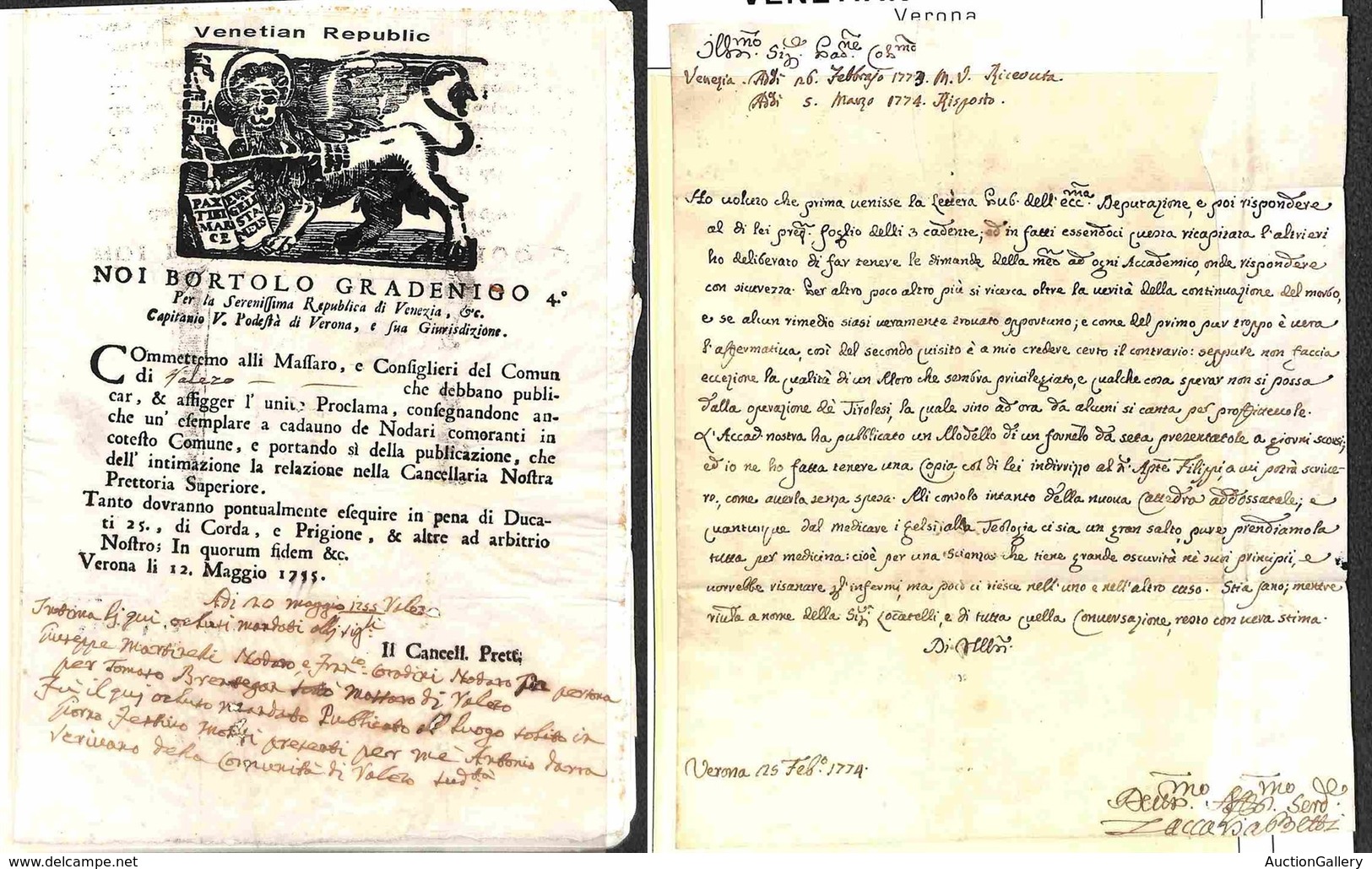 ITALIA - PREFILATELICHE - 1755/1774 - Repubblica Veneziana - Due Lettere Da Verona A Venezia - Andere & Zonder Classificatie