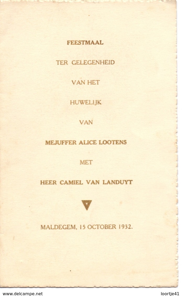 Menu - Maldegem - Feestmaal Huwelijk Alice Lootens X Camiel Van Landuyt - 1932 - Menus
