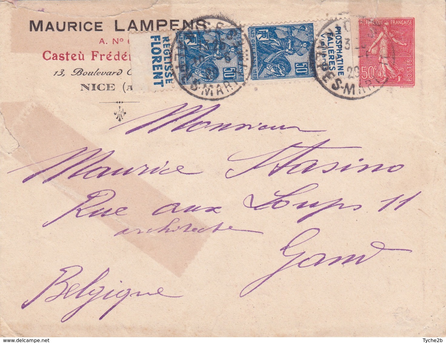 Enveloppe Semeuse Lignée 50 C Rouge D6  Oblitérée  Avec Paire De Jeanne D' Arc De Carnet Avec Pub Repiquage Lampens - Overprinted Covers (before 1995)