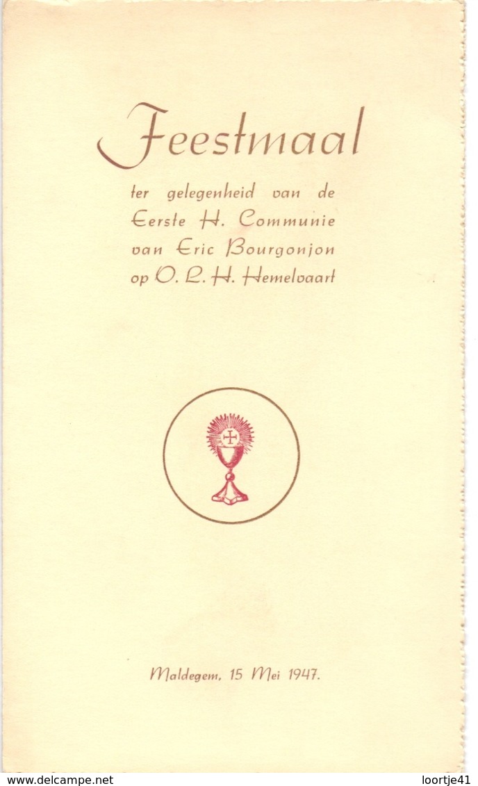Menu - Feestmaal Communie Eric Bourgonjon - Maldegem 15 Mei 1947 - Menükarten