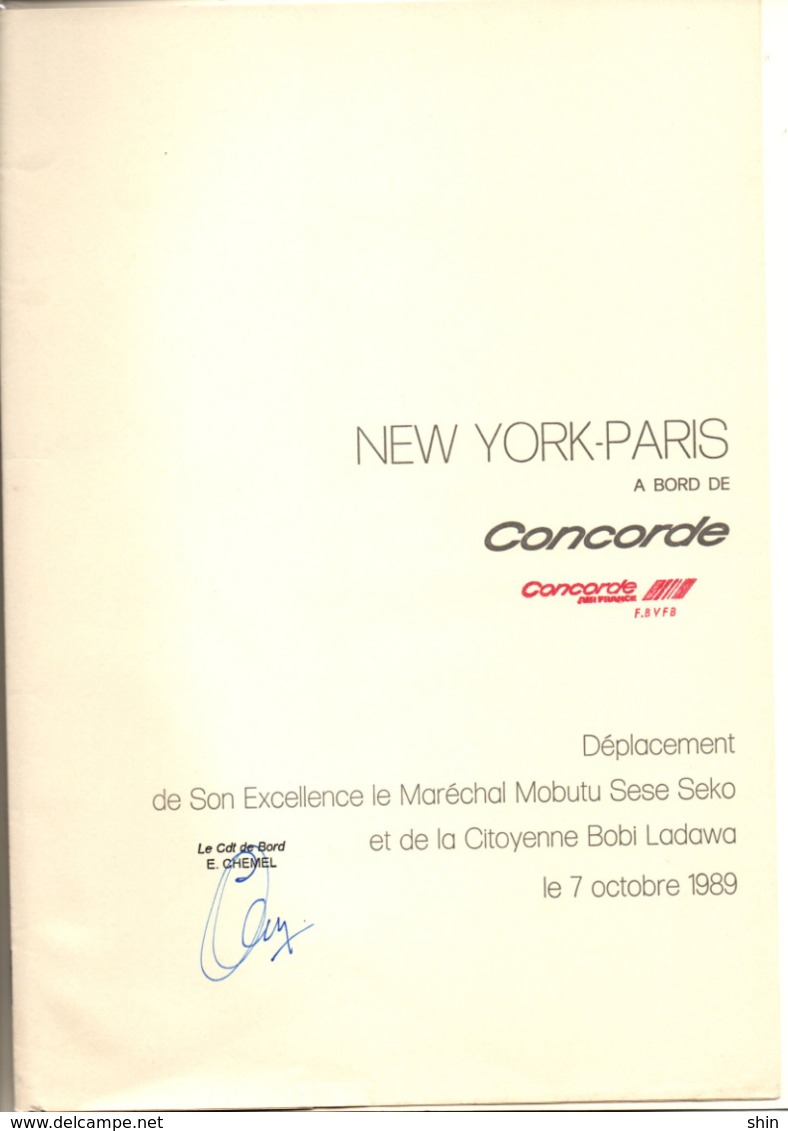 CONCORDE Menu Vol Spécial Maréchal Mobutu New York Paris Signé - Menükarten