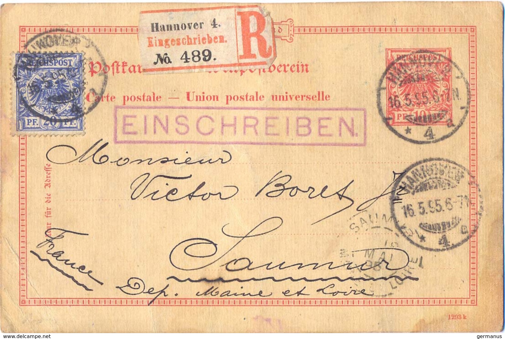 ALLEMAGNE HANNOVER TàD 16.5.95 RECOMMANDÉ Avec CACHET EINSCHREIBEN Sur ENTIER POSTKARTE - Briefe U. Dokumente