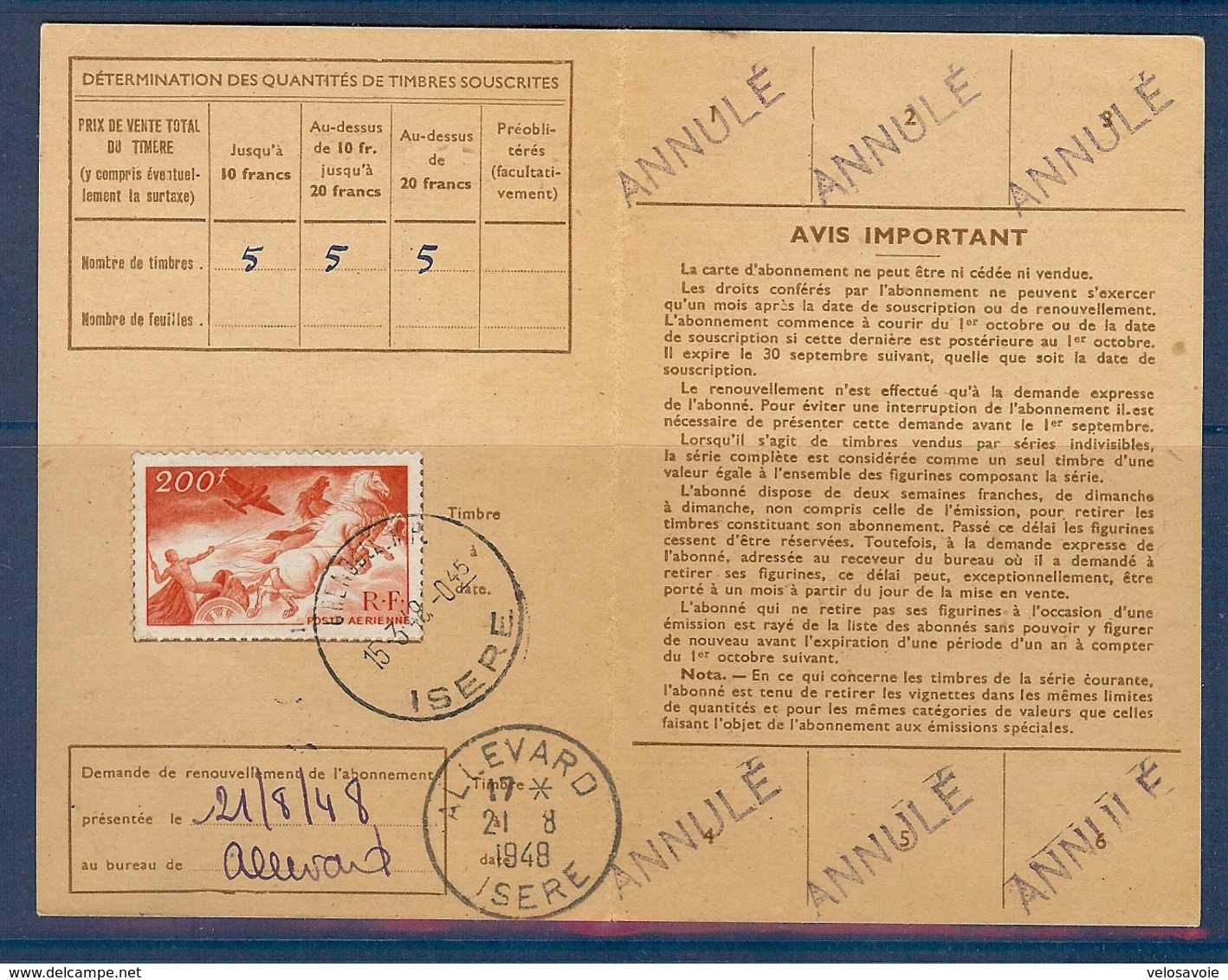 PA 19  OBLITERE DE GRENOBLE DE 1948 SUR CARTE D'ABONNEMENT AUX TIMBRES - Tarifs Postaux