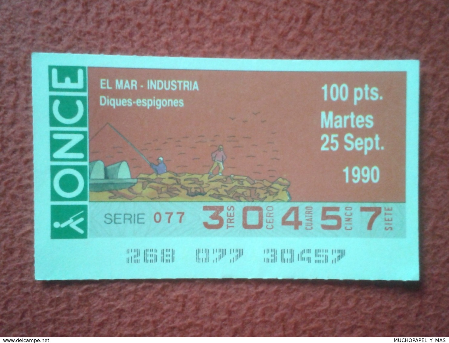 CUPÓN DE ONCE LOTTERY SPAIN LOTERÍA ESPAÑA ESPAGNE EL MAR THE SEA LA MER DIQUES Y ESPIGONES DIKES DOCK DIGUES JETTIES 90 - Billetes De Lotería