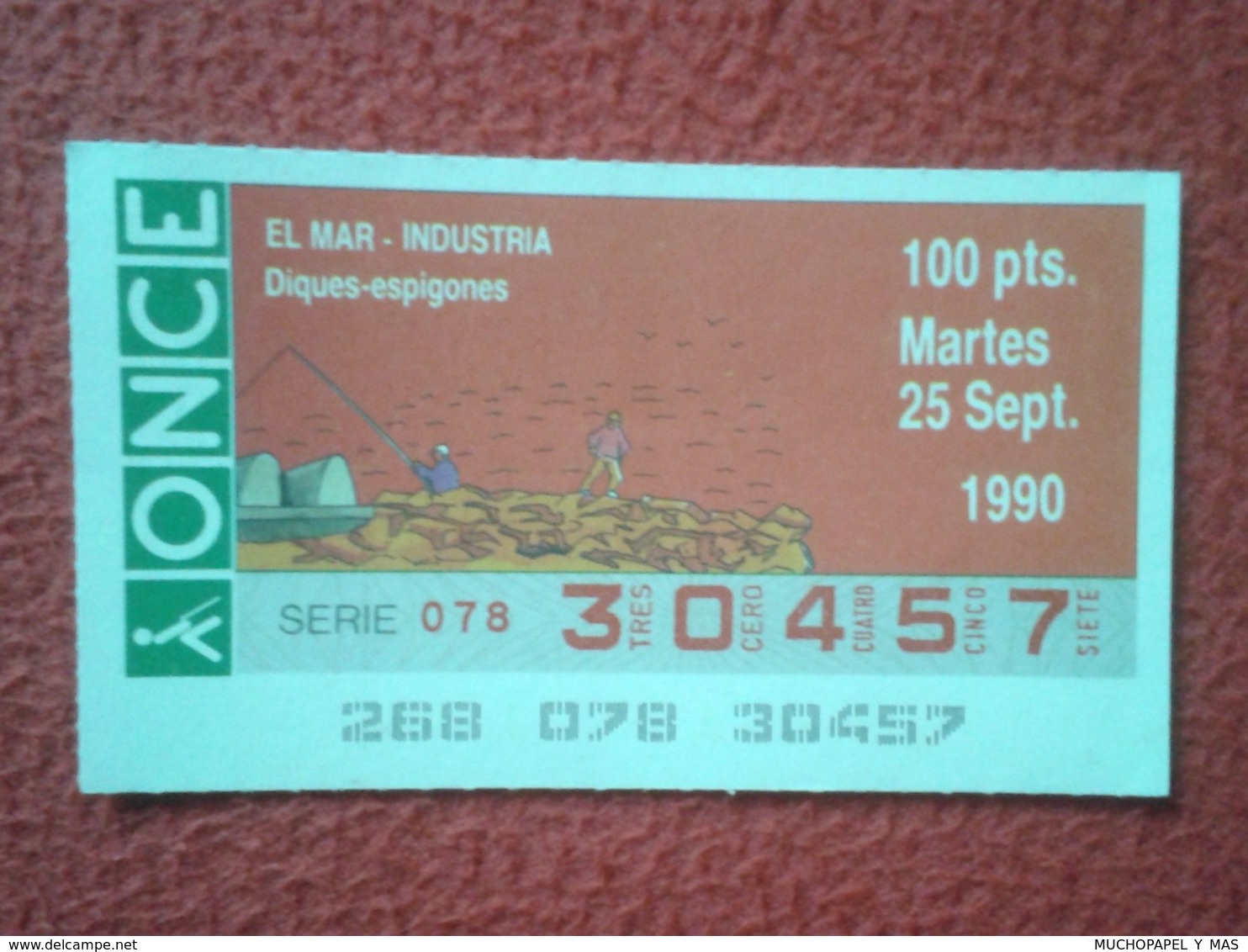 CUPÓN DE ONCE LOTTERY SPAIN LOTERÍA ESPAÑA ESPAGNE EL MAR THE SEA LA MER DIQUES Y ESPIGONES DIKES DOCK DIGUES JETTIES 90 - Billetes De Lotería