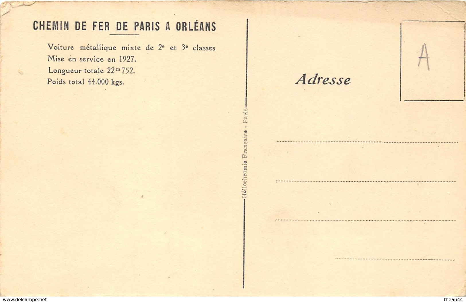 Chemin De Fer De Paris-Orléans  -  Voiture Métallique De 2e Et 3e Classes , Mise En Service En 1927 - Zubehör