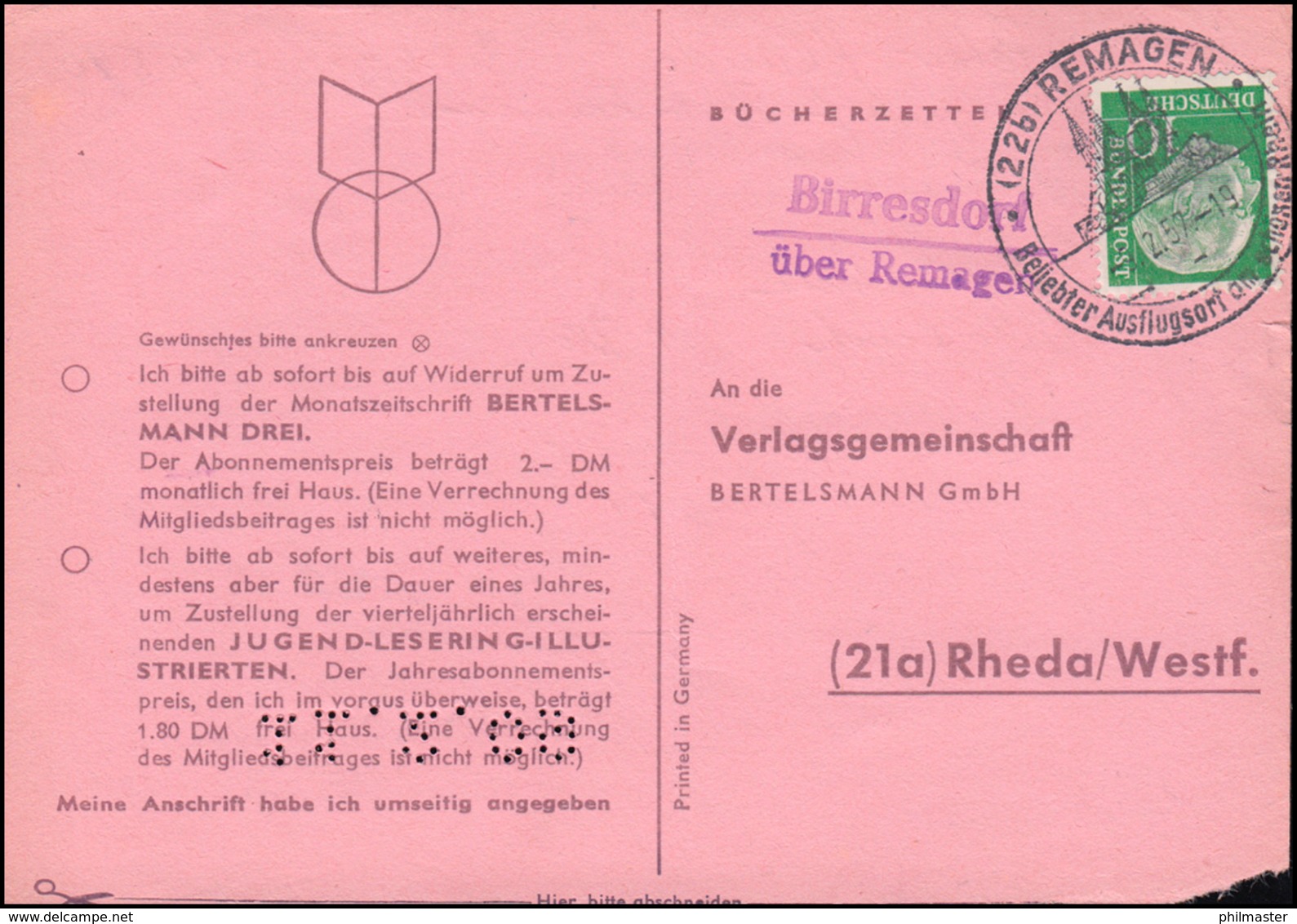 Landpost Birresdorf über Remagen Auf Postkarte SSt REMAGEN 9.2.1957 Nach Rheda - Sonstige & Ohne Zuordnung