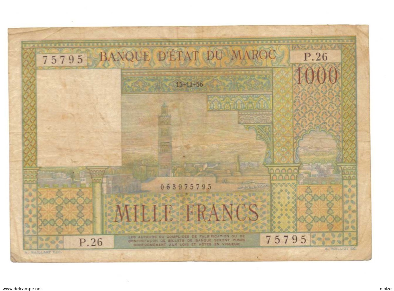 Maroc. Protectorat Français. Billet De 1000 Francs Du 15-11-1956. Etat Moyen. - Marokko