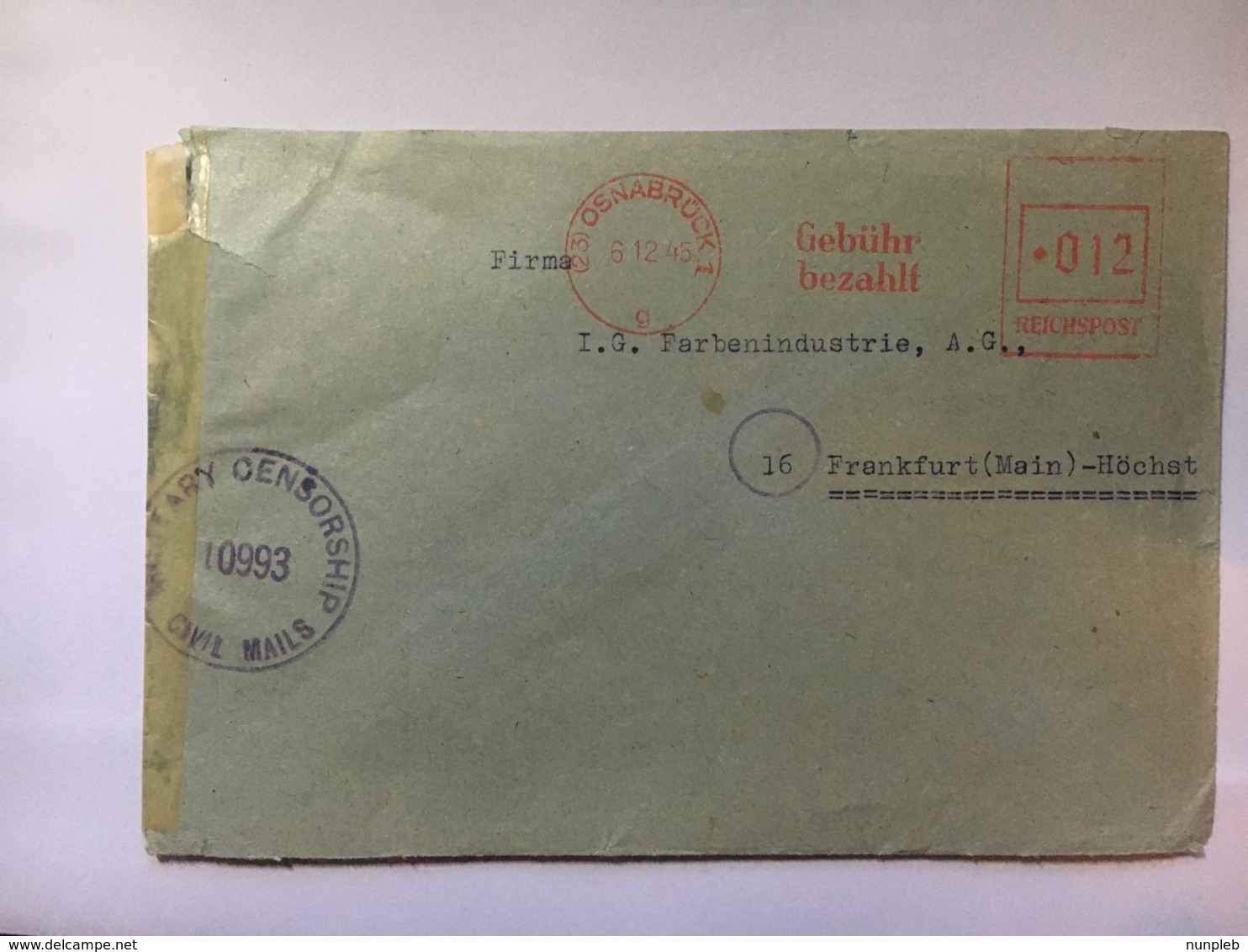 GERMANY 1945 Gebuhr Bezahlt Cover With Osnabruck Meter Mark To Frankfurt With Censor Cachet - Sonstige & Ohne Zuordnung