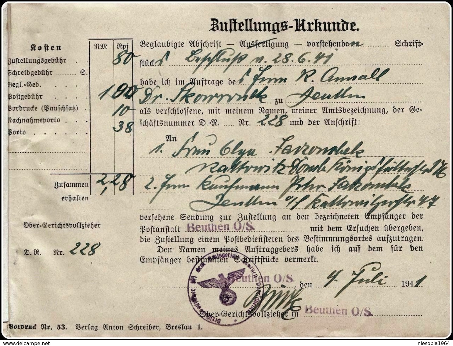 WW2 Obergerichtvollzieher Bürke - Beuthen Court documents - Bürke - Main Court Bailiff case Jarzombek vs Jarzombek 1941