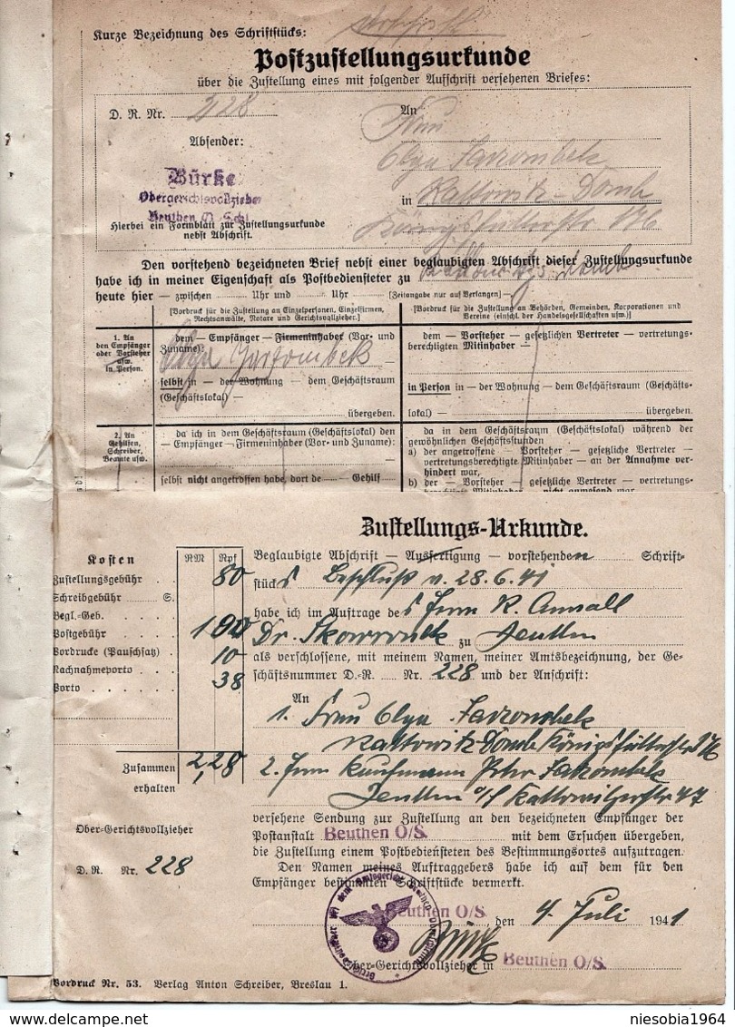 WW2 Obergerichtvollzieher Bürke - Beuthen Court documents - Bürke - Main Court Bailiff case Jarzombek vs Jarzombek 1941